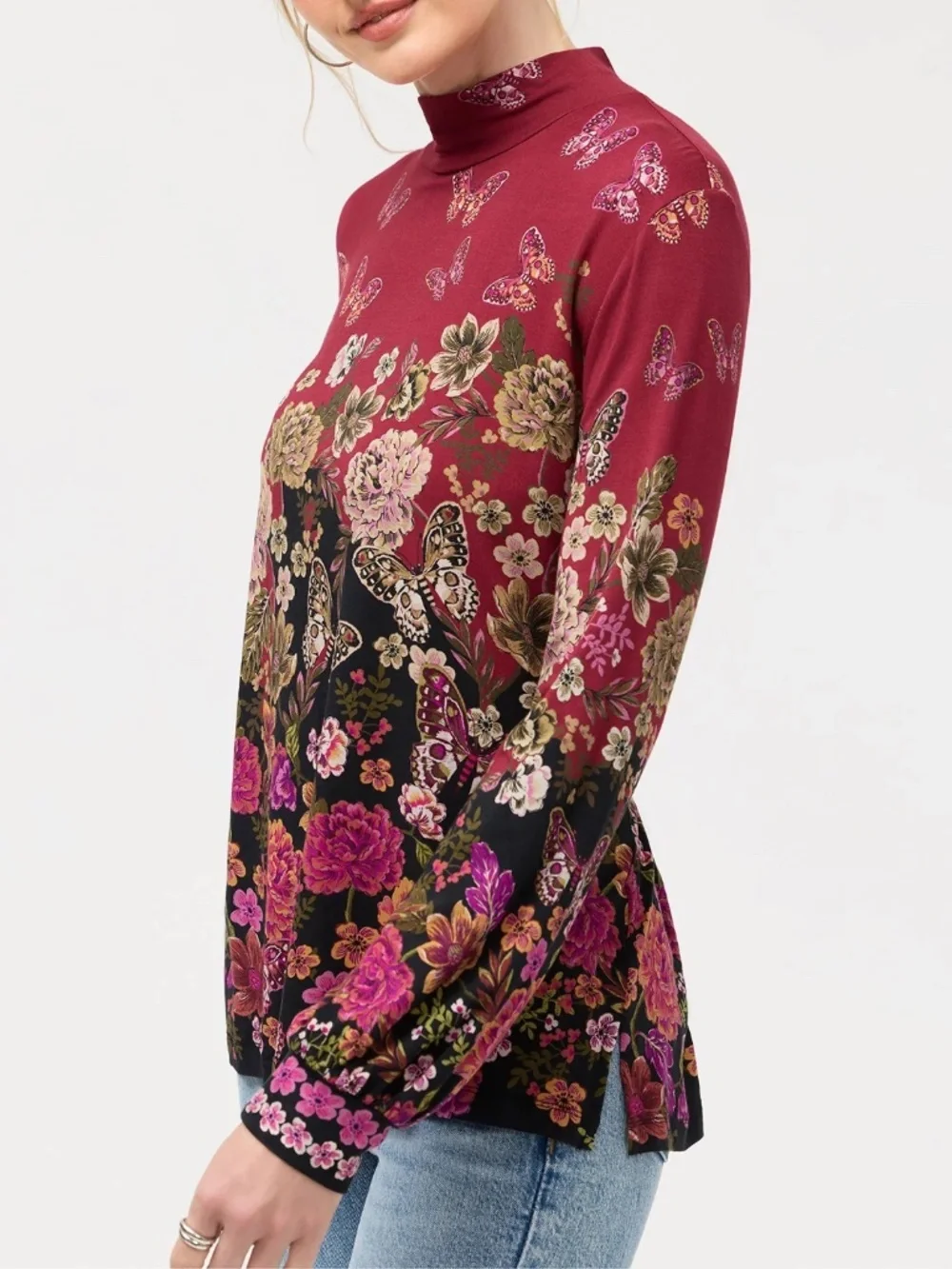 Johnny Was Janie Favorite Top Burgundy Butterfly Floral NWT R$229 Size Small